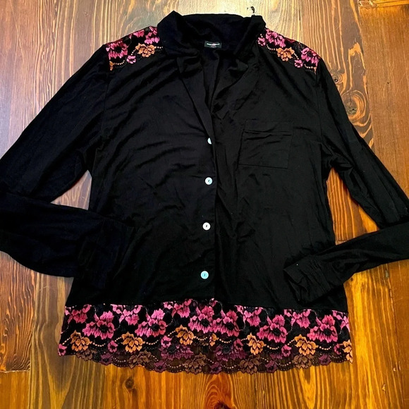 COSABELLA Black Modal Blend Long Sleeve Pajama Top Hot Pink & Orange Lace Italy - Picture 1 of 7